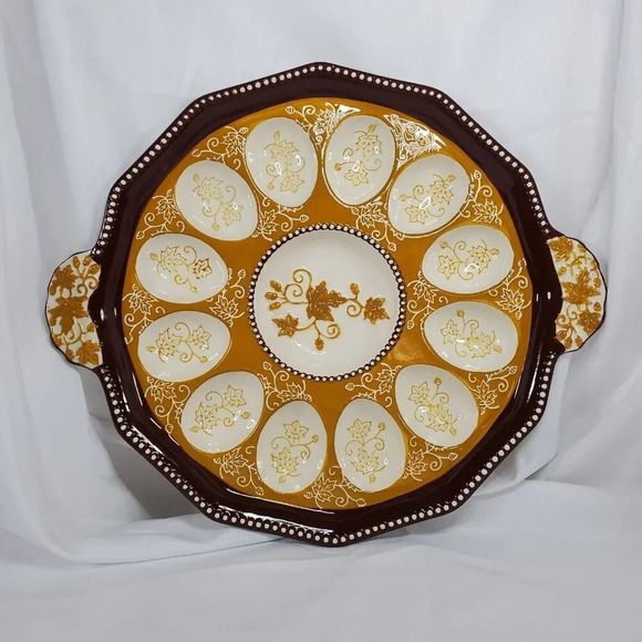 Temptations Other - Temp-tations By Tara Hand Painted Deviled Egg Handled Platter Gold And Brown